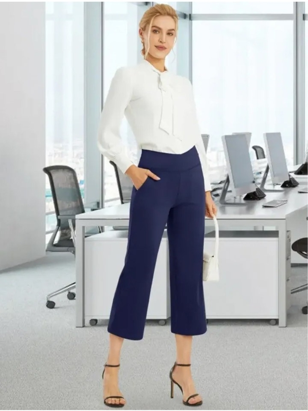 New Women's Navy G4Free Wide Leg Stretch Fit Yoga Capri Dress Pants w/ Pocket